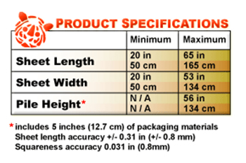 product specifications for sheet length, sheet width, and pile height